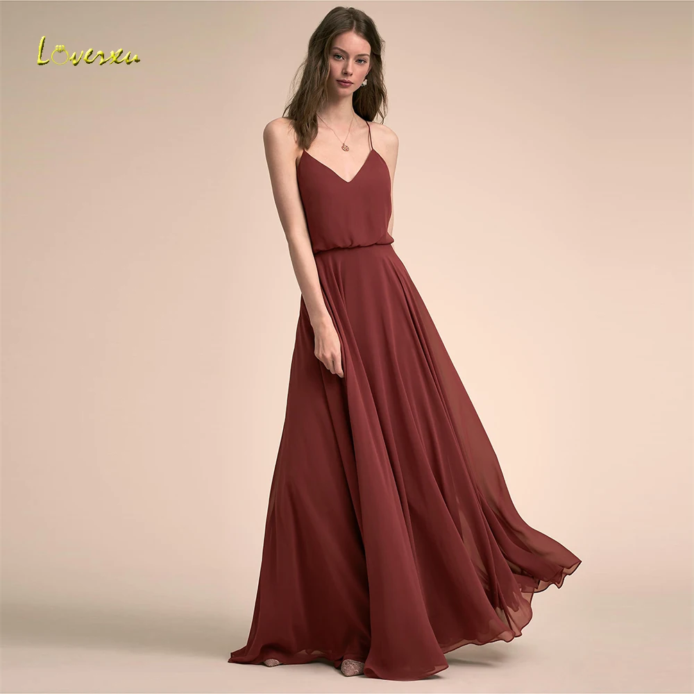 

Lovexu Marvelous V-Neck A Line Adult Bridesmaid Dress Plus Size Elegant Spaghetti Strap Backless Chiffon Dress For Wedding Party