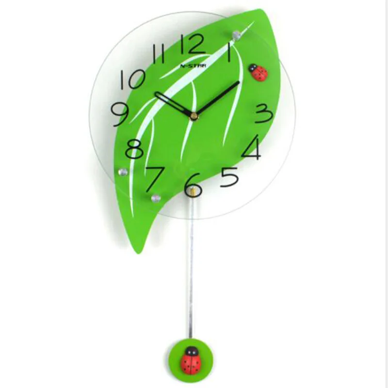 M.Sparkling Pastoral Home Deco Green Leaf Swing Silent Wall Clock Creative Living Room Fashion