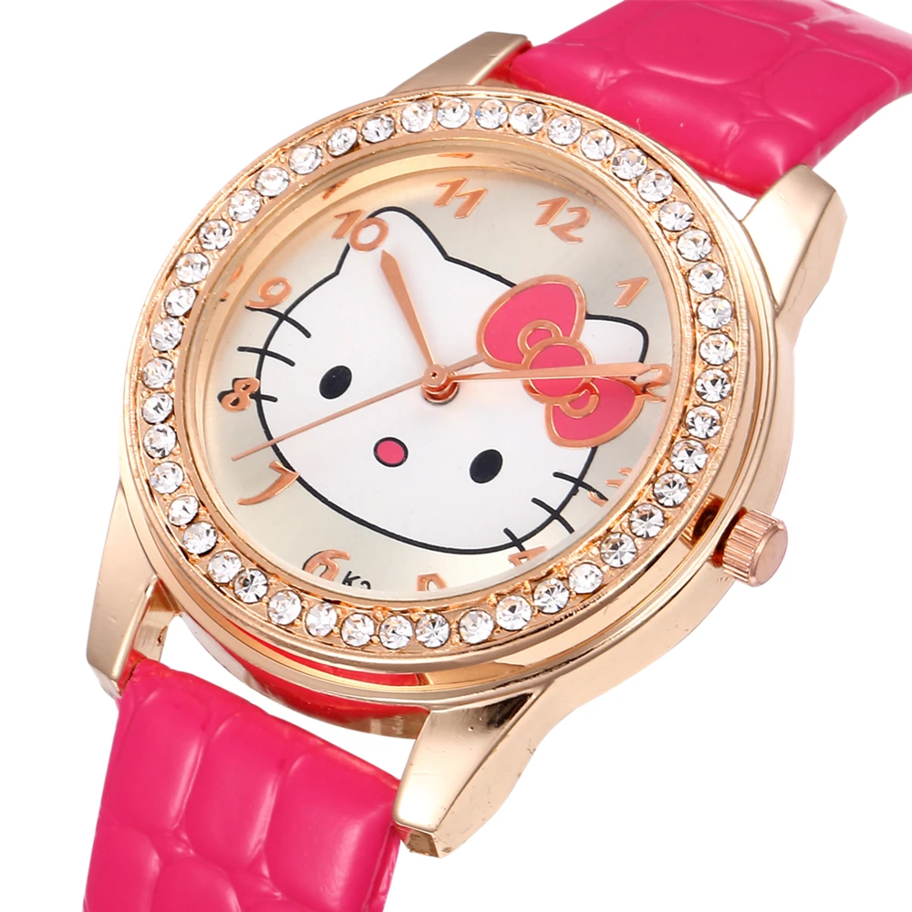 Hello Kitty Watches Baby Children Cartoon Watch Kids Hot Sale Pink Leather Strap Quartz Watch