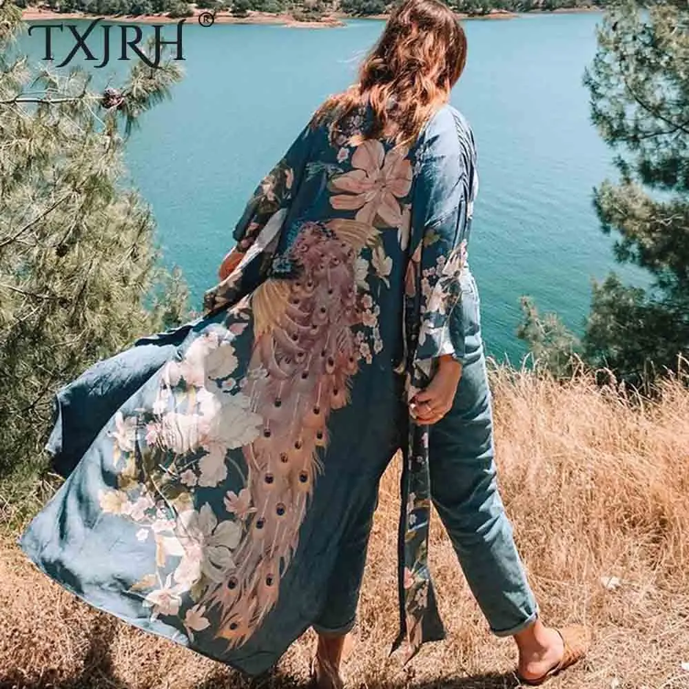 

TXJRH 2019 Bohemian Ethnic Peacock Floral Print Long Kimono Shirt Women Tied Bow Sashes Long Cardigan Loose Blouse Split Hem Top