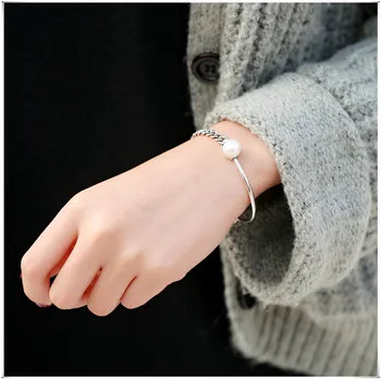 

S925 Sterling Silvery Bracelet Elbow Pearl Chain Retro Jewelry