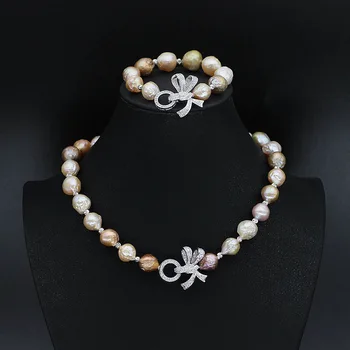 

11-13mm Baroque Pearl Necklace+Keshi Pearl Bracelet(2Pieces Pearl Jewery Set) Silver Plated Bowknot Clasp Pearl Jewelry Gifts