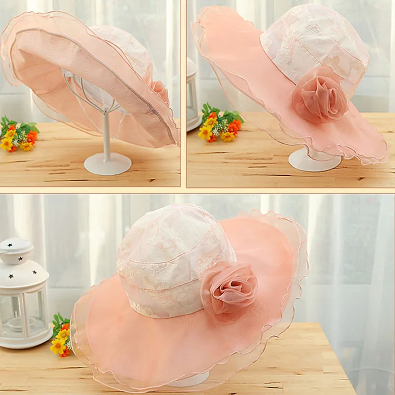 

Women Summer Sun Hat Sunproof Large-brim Foldable Beach Cap Hat with Lace Flowers EDF88