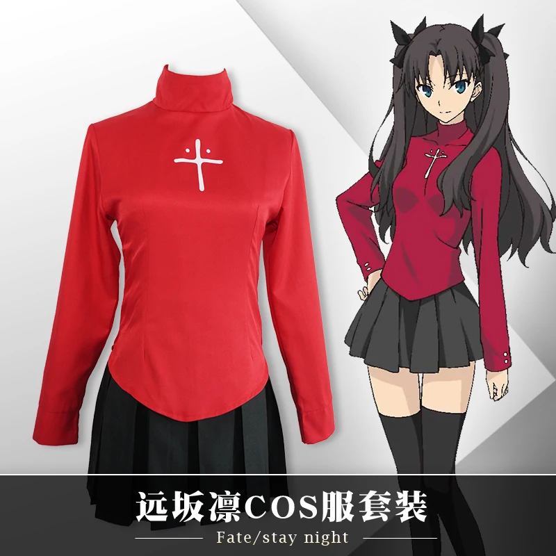 Fate/Stay Night Fate/Zero Tohsaka Rin Косплей Костюм красная водолазка рубашка черная плиссированная юбка ожерелье обувь Туфли-лодочки шпилька носки