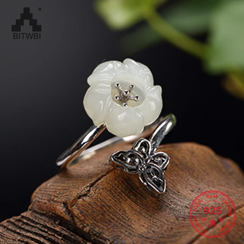 

925 Sterling Sliver Classical Fashion Flower Ring Retro Natural Crystal Butterfly Lady High-end Open Ring Jewelry Gift