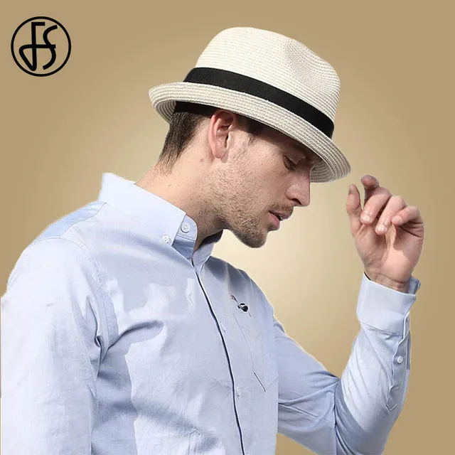 FS Fashion Straw Sun Hats For Men Beige Blue Fedora Panama Hat Summer Ribbon Trilby Gangster