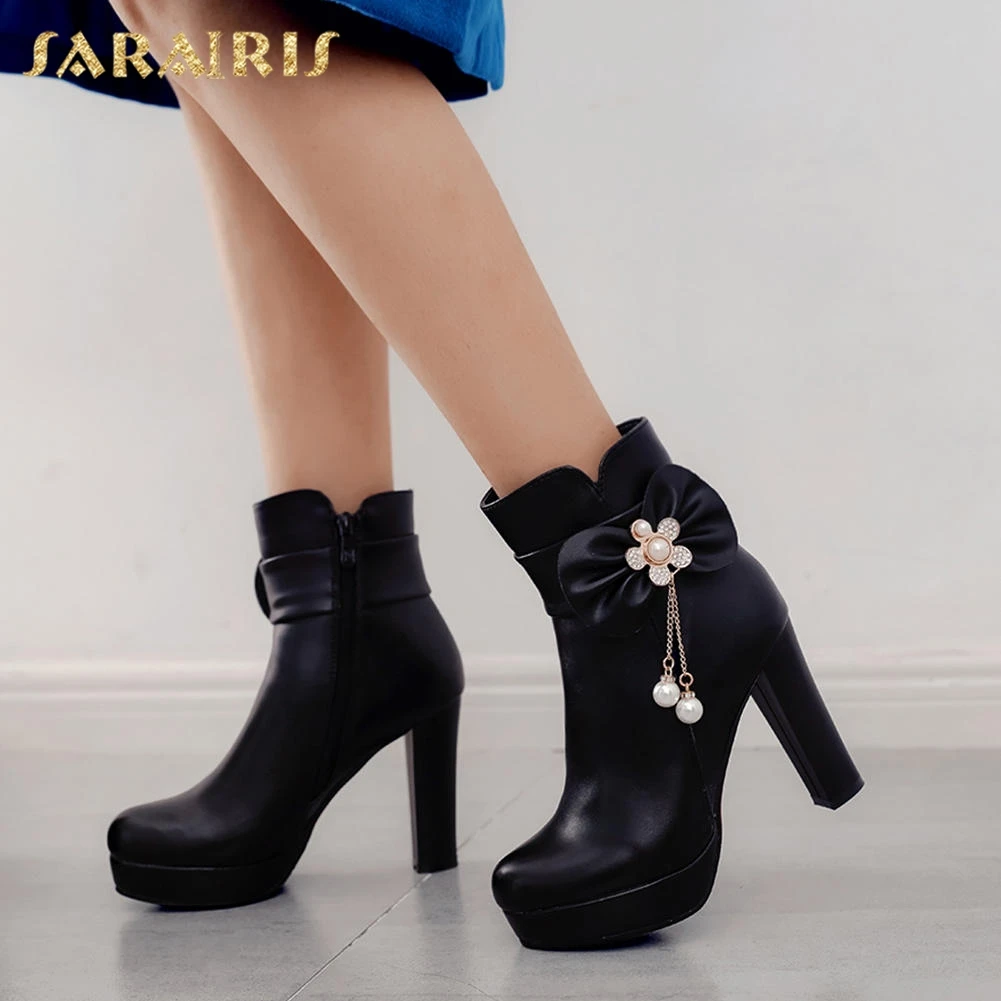 

SARAIRIS plus Size 33-43 sweet bowtie 2018 high Heels Shoes woman boots black white Ankle Boots zip up woman shoes