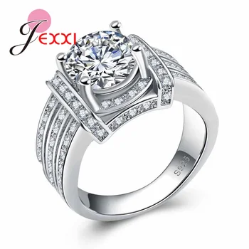 

Classic Wedding Propose Rings For Women Shiny White Clear Crystal Wide Finger 925 Sterling Silver Jewelry Gifts