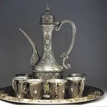 Изысканный Китайский древний Тибетский серебряный чайник и кубок и лоток