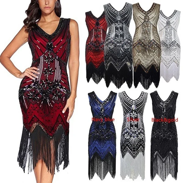 2018 New Women Sexy Vintage 1920s Gatsby Sequin V-Neck Embellished Fringed Flapper Cocktail wedding Dress
