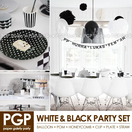 [PGP] White & Black Party Set, Balloons Poms Cups Plates