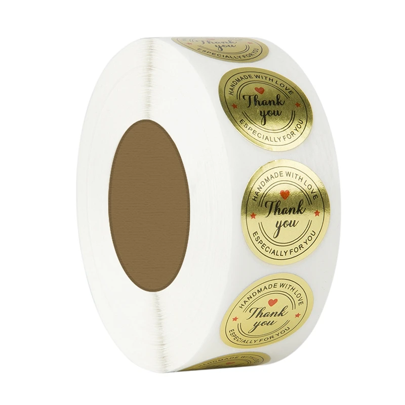 1 Inch Round Gold Foil Handmade With Love And Thank You Stickers / 500 Labels Per Roll