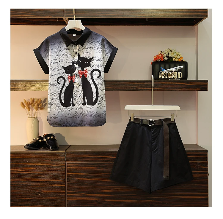 Trytree/летний женский офисный Женский комплект из двух предметов, топ с отложным воротником и принтом котенка+ шорты, поясная сумка, повседневный комплект из 2 предметов