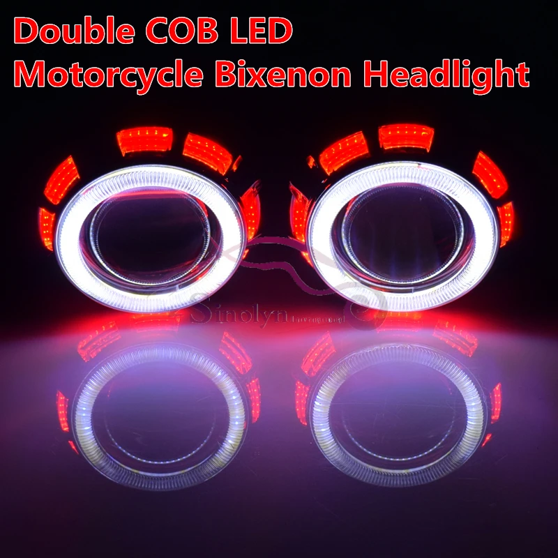

New Motorcycle Headlight 35W AC 2.5'' HID Bi xenon Lens Projector Double LED Angel Eyes Halo Hi/Low Headlamps Lenses White Blue