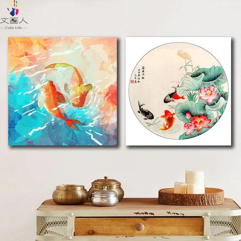 

DIY colorings pictures by numbers with colors Watercolor goldfish picture drawing painting by numbers framed decor Two pieces