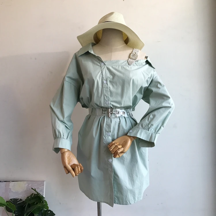 

New Korean Loose Waist Skew Neck Long Sleeve Shirt Women Solid Color Korean Fashion Clothing Blusas Mujer De Moda G687