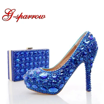 

Blue Rhinestone Wedding Heels with Fashion Crystal Matching Bag Party High Heels with Clutch Bridal Shoes Lady Prom Pumps
