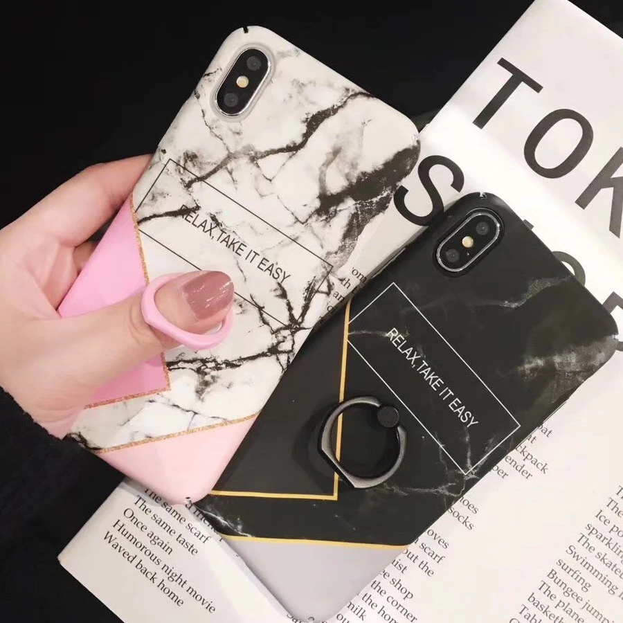 

LOVECOM Fashion Ring Brackets Kickstand Holder Marble Letters Case For iPhone 6 6S 7 8 Plus X Matte Hard Phone Back Cover Gift