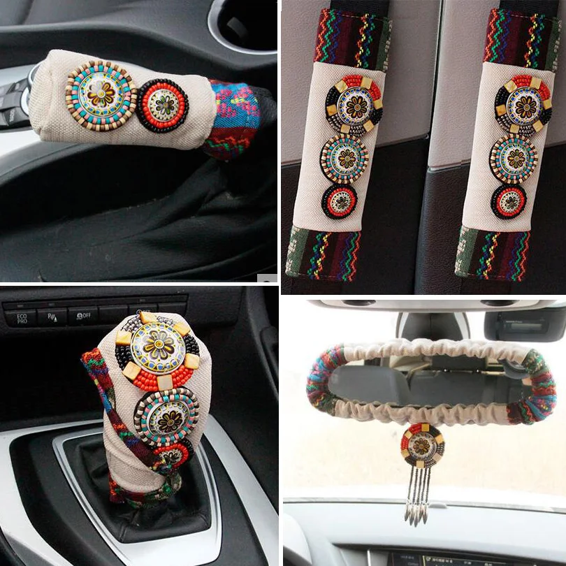 5pcs-set-Retro-Beaded-Car-Covers-Car-Interior-Accessories-Handbrake-Gear-Shift-Covers-Flax-Fabric-Car