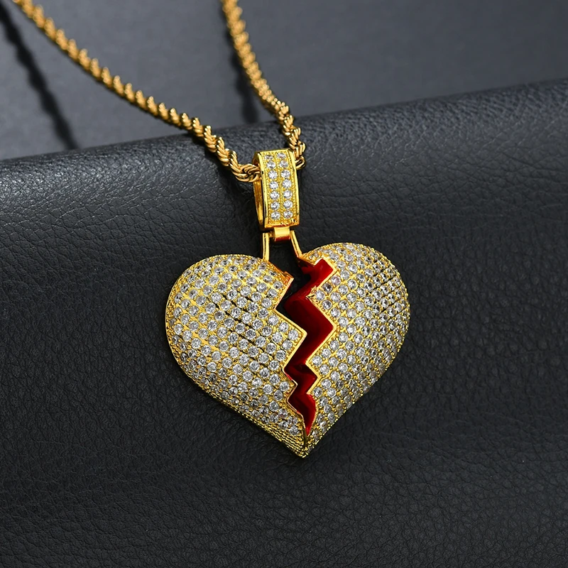 

Men Hip Hop Iced Out Bling Charms Zircon Broke Heart Pendant Necklaces Twisted Chain Fashion Necklace Male Jewelry Gifts