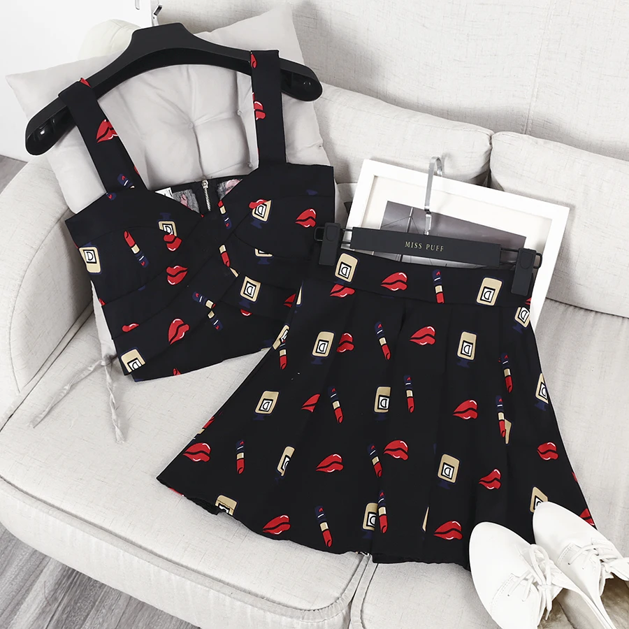 

New Summer Arrival Women Fashion Short Tank Crop Tops and Mini Girl's Skirts Printting Floral Two Pieces Sets Casual Slim Sets
