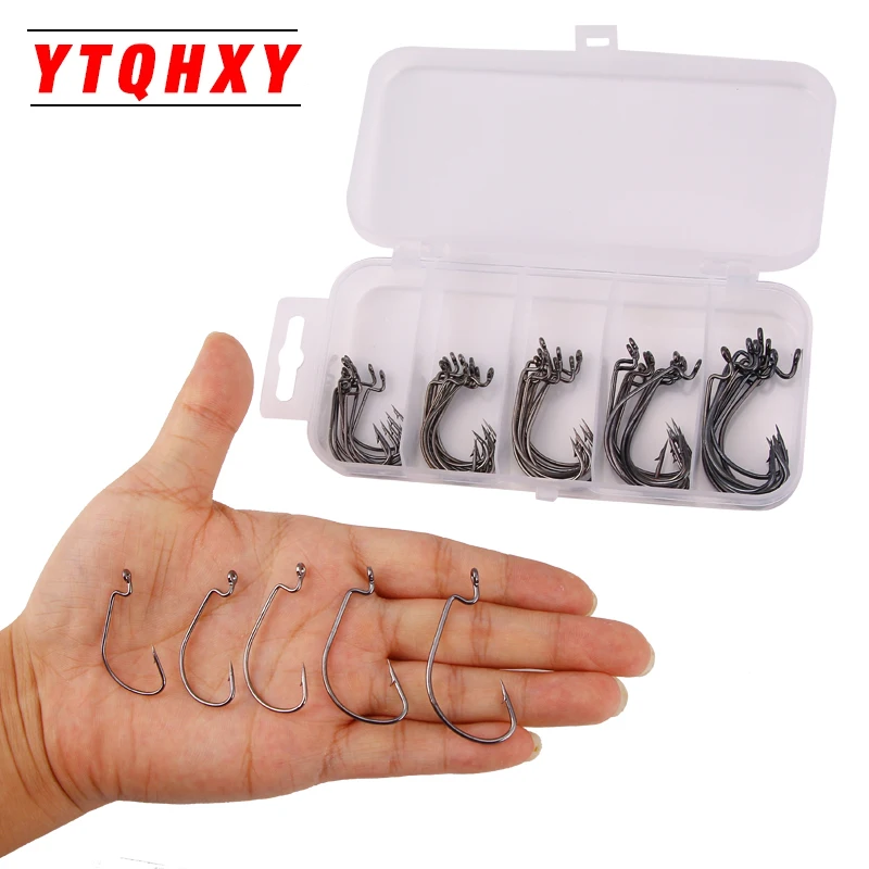 

Hot 50pcs Crank Hooks Fishing Hooks Set 5 Size 1# 2# 1/0# 2/0# 3/0# Soft Bait FishHook Carbon Steel with Box Fishing Tackle WQ60