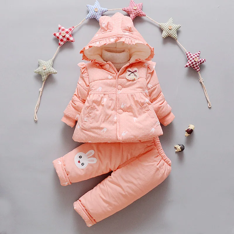 BibiCola kids baby Girls winter warm clothes sets winter coat cute rabbit hooded thicken infant toddler clothing suits