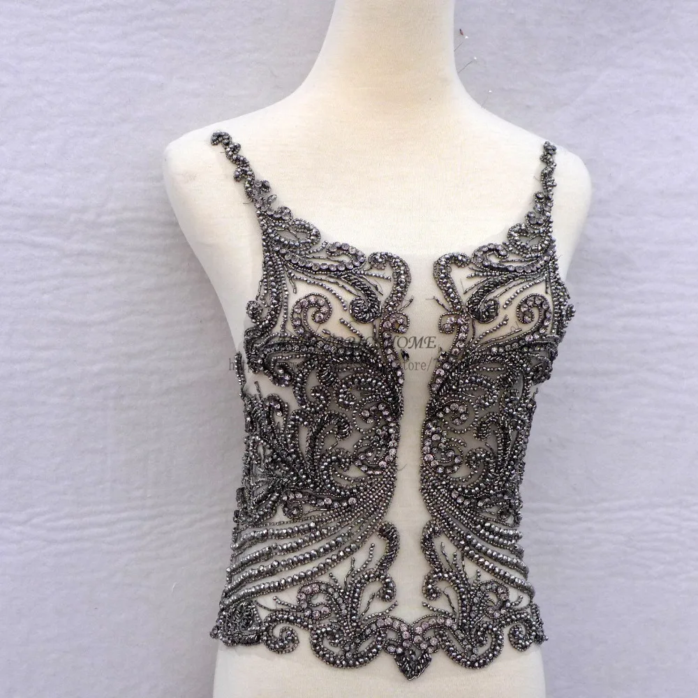 

La Belleza 1 piece New heavy handmade Rhinestones grey/silver lace triming big patch wedding dress Accessories 47X45cm