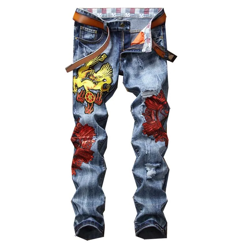 Mcikkny Men's Ripped Embroidery Jeans Slim Fit Dragon Embroidered Biker Denim Trousers Streetwear Jeans Pants For Male Washed 