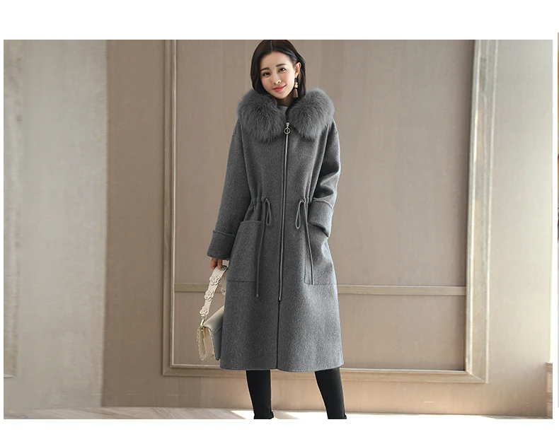 Офисная Женская куртка на молнии, длинное шерстяное пальто с отложным воротником, кашемировая куртка с карманами, однотонные женские пальто