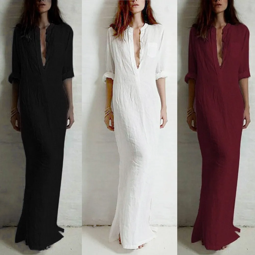 

New Fashion 2019 Women's Sexy Casual Long Sleeve V-neckline Solid Long Maxi Dress vestido longo bohemian boho beach dresses robe