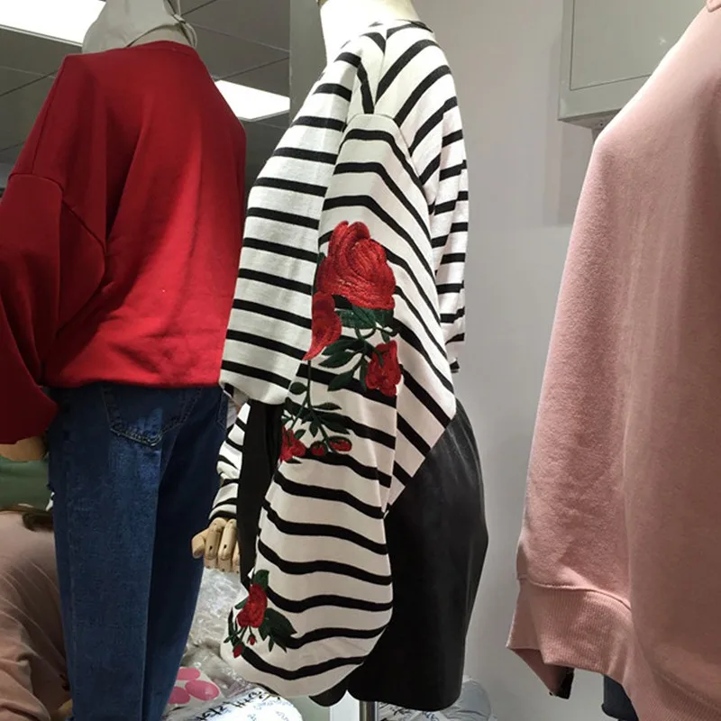 Зимние Модные Винтажные женские толстовки с вышивкой розы, корейский консервативный стиль, полосатая Толстовка с длинным рукавом, худи с v-образным вырезом 63013