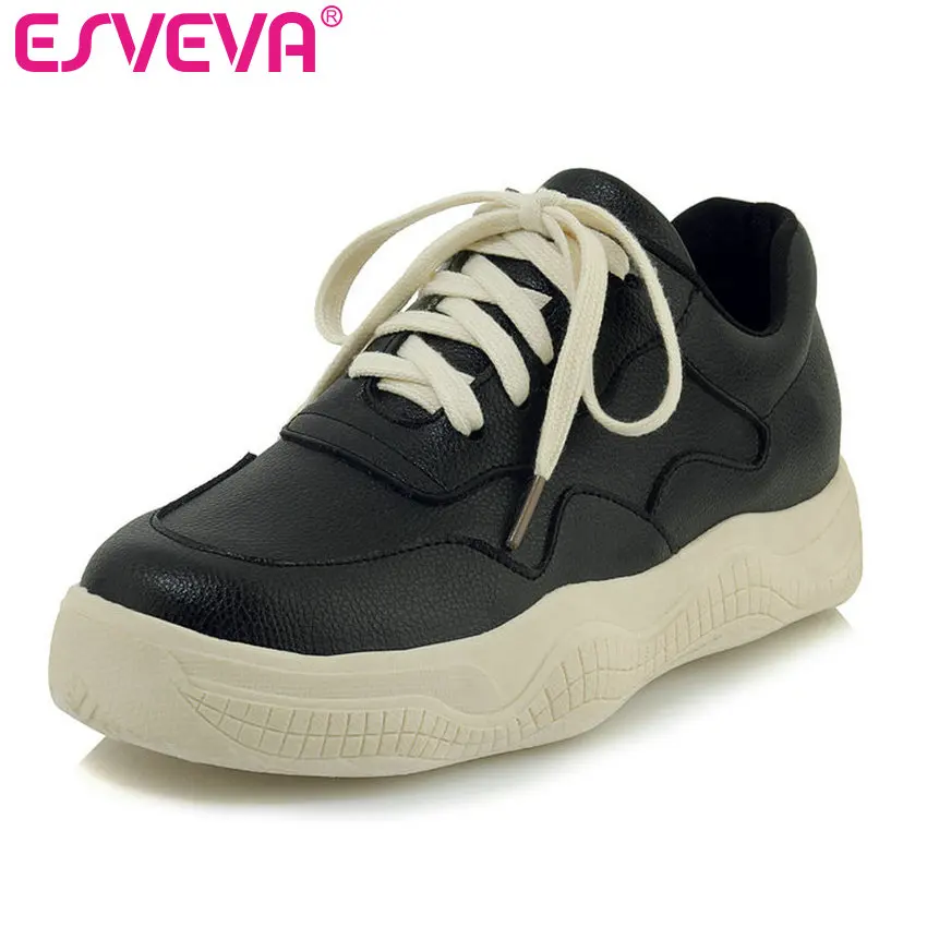 

ESVEVA 2019 Women Shoes Platform PU Leather Round Toe Ankle Strap Lace Up Casual Wedge Med Heel Shoes Black Size 34-39