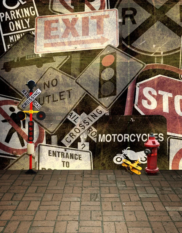 5x7FT Street Cars Motorcycle German Traffic Signs Wall Bricks Road Custom Photo Studio Backdrop Background Vinyl 220cm x 150cm |
