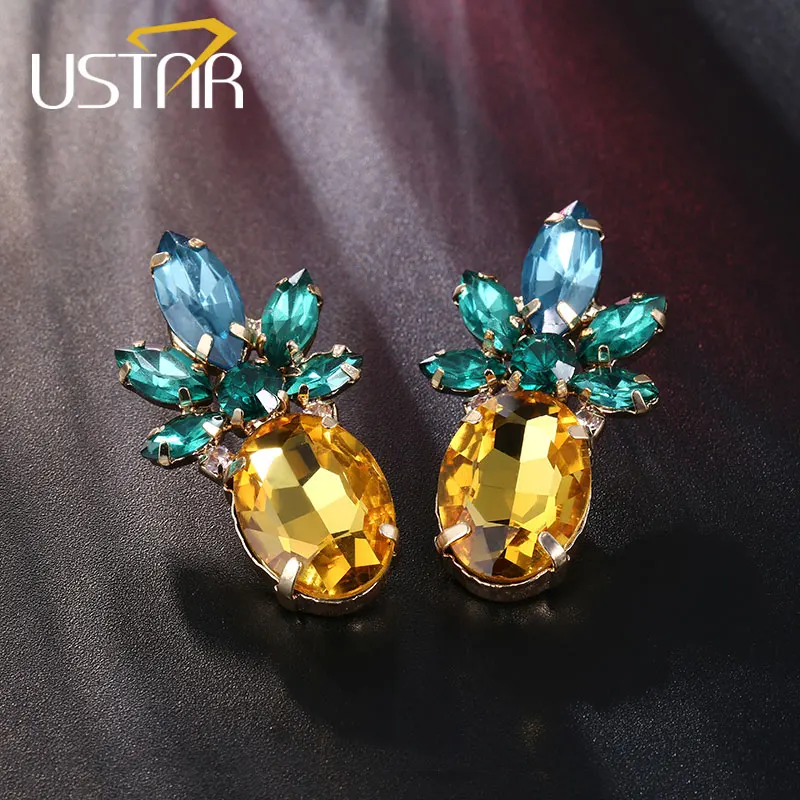 

USTAR Pineapple Crystals Stud Earrings for Women Fashion wedding Jewelry Earrings female brincos Plant party gifts top quality