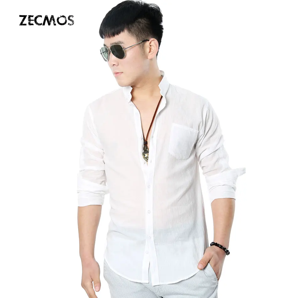 Zecmos Social granddad китайская рубашка с воротником-стойкой, мужская повседневная рубашка, Высококачественная хлопковая льняная рубашка - Цвет: White