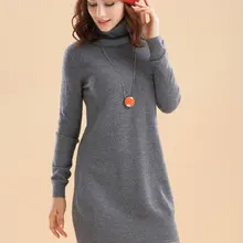Коза, Кашемир Женская мода хип-пак пуловер платье свитер средней длины черепаха шеи сплошной цвет S-2XL