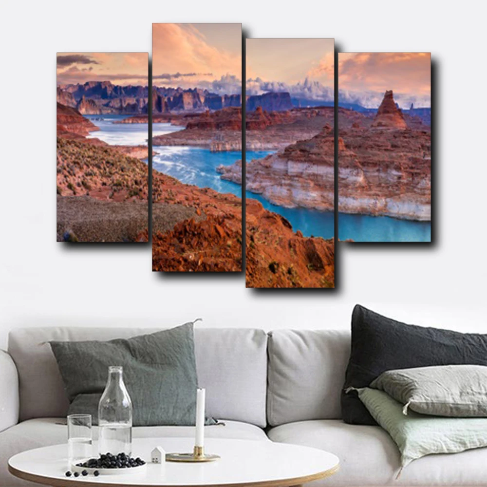 

Laeacco Natural Wall Artwork Outside Posters Prints 4 Panel River Canvas Calligraphy Painting Nordic Home Living Room Decoration