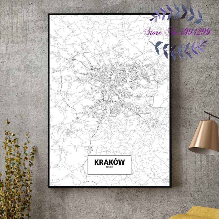 Черно белая карта города Краков варшва Постер холст Художественная печать