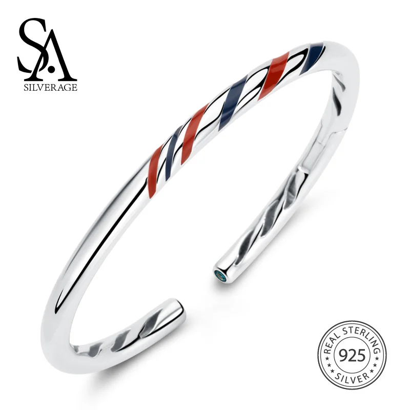 

SA SILVERAGE Real 925 Sterling Silver Adjustable Cuff Bracelets Red & Blue Stripes Open Bangles For Women Gift Jewelry