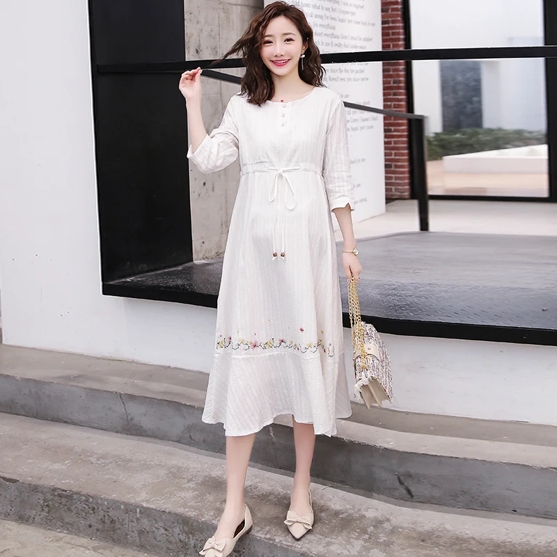 

568# White Embroidery Cotton Maternity Long Dress Spring Summer Fashion Clothes for Pregnant Women Elegant Ties Waist Pregnancy