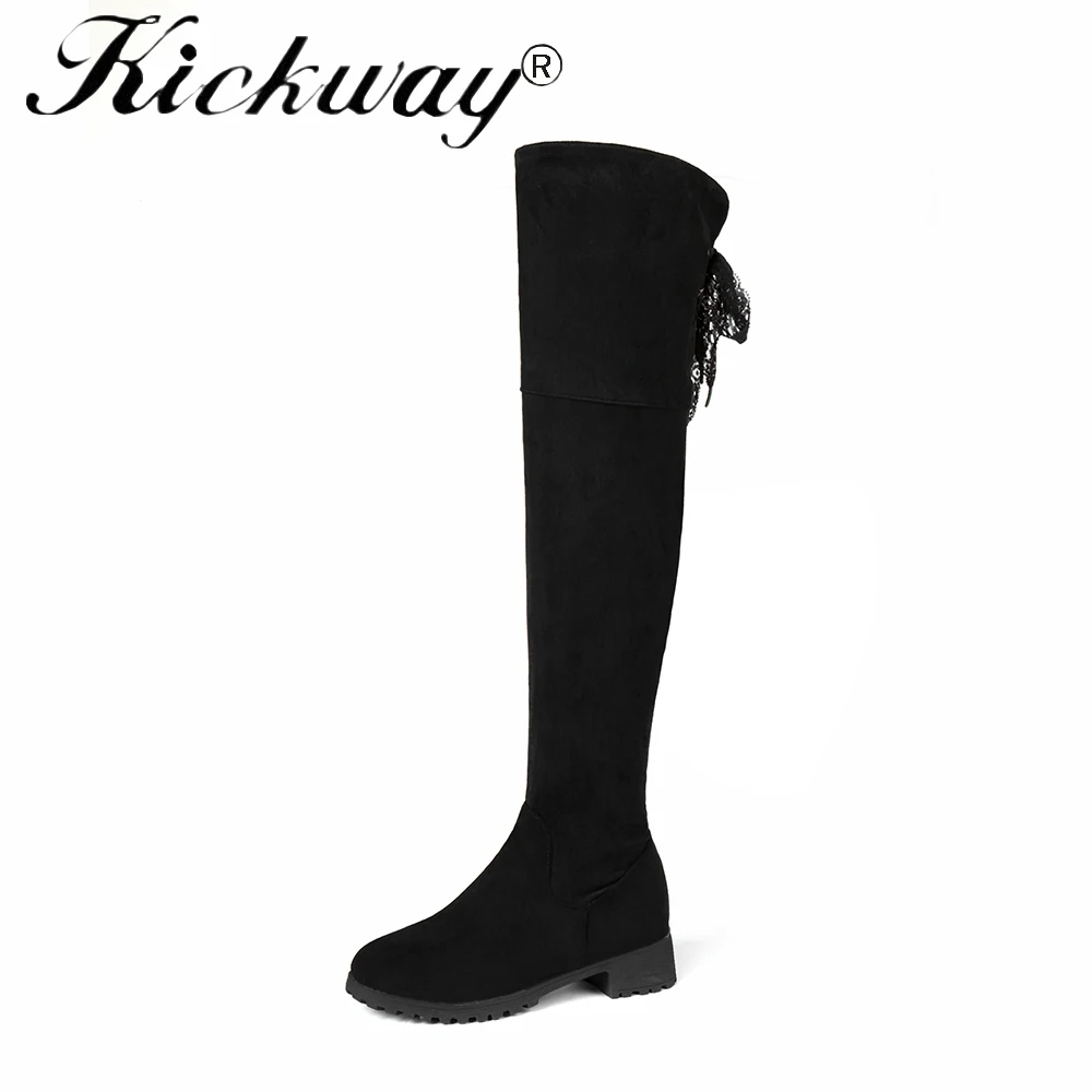 

Kickway Plus size 34-48 High quality Flock boots Round toe thick high boot handsome over the knee boots for women botas mujer