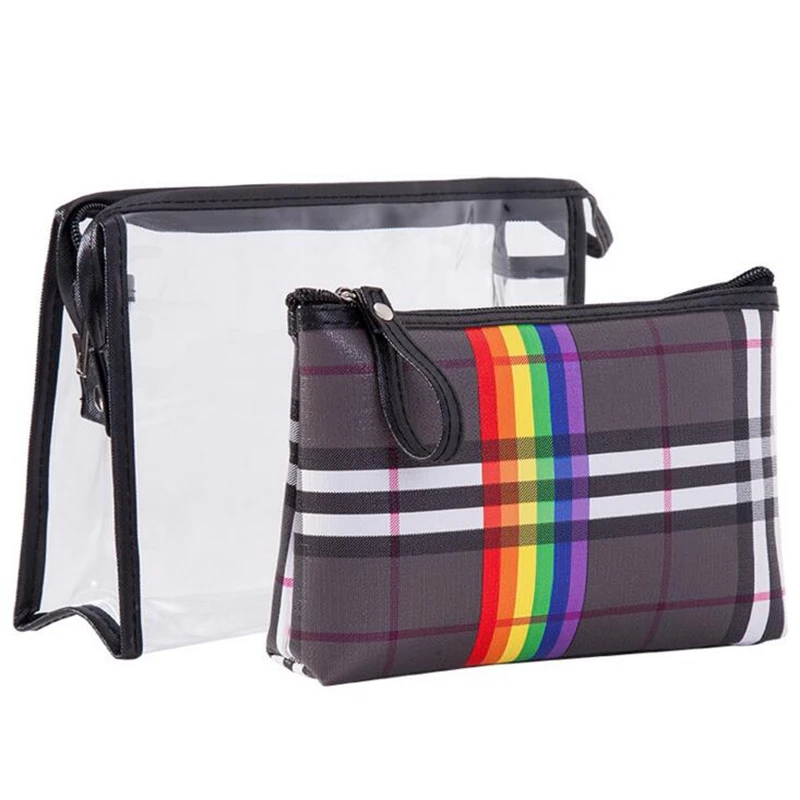 

2Pcs/Set Geometric Plaid PVC Cosmetic Bag For Women Large Capacity Makeup Bag Storage Pouch Travel Toiletry Beauty Wash Kit