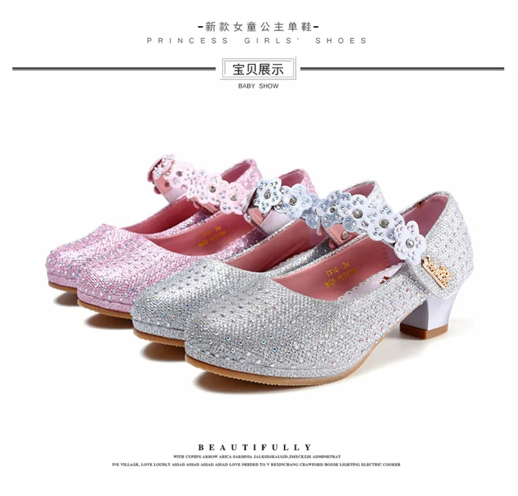 Cristal de Diamante Sapatos de Dança de Flores Infantis de Alta-salto Sapatos de Couro Meninas Sandálias Alto Sapatos Princesa Crianças 11 Mamãe e Bebê