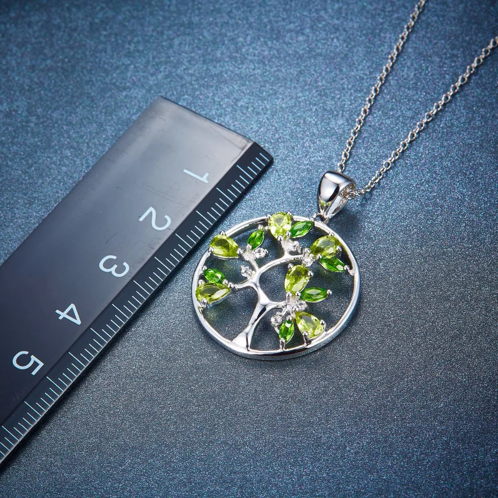 925 Sterling Silver Chain Peridot Tree Pendant Diopside Gemstone Classic Style Fine Jewelry for Women's Birthday Gift