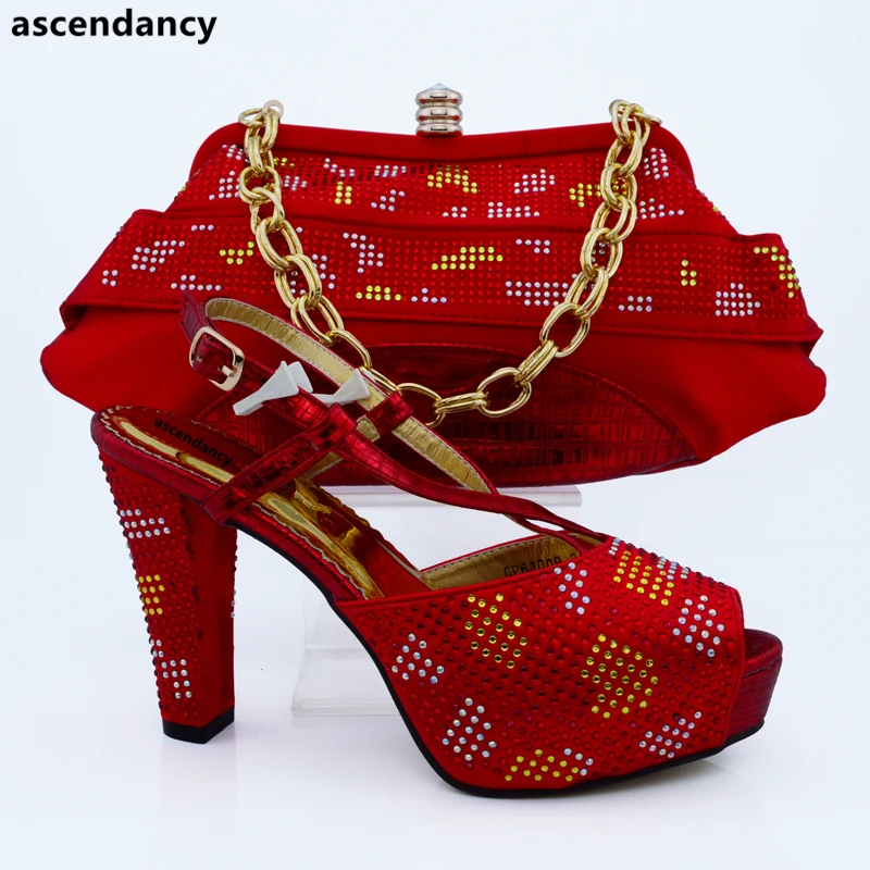 

Red Color African Matching Shoes and Bag Italian In Women Matching Italian Shoe and Bag Set Decorated with Rhinestone Party Shoe