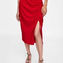 Мода Женская/женская красная однотонная асимметричная юбка миди с разрезом спереди и регулируемыми завязками