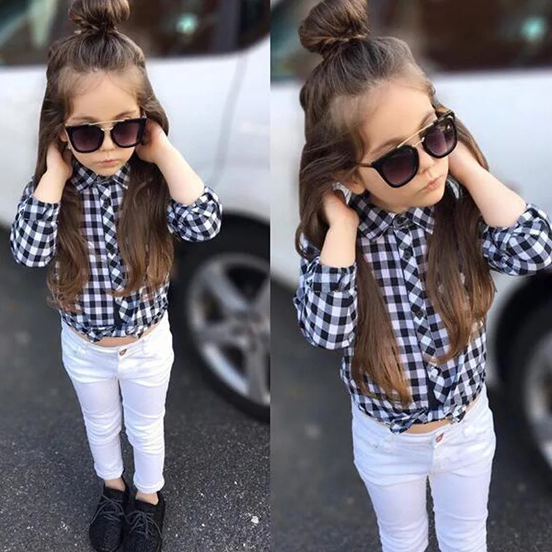 

Girls spring and fall girls fashion, plaid long-sleeved shirt + white two-piece pants girls clothes