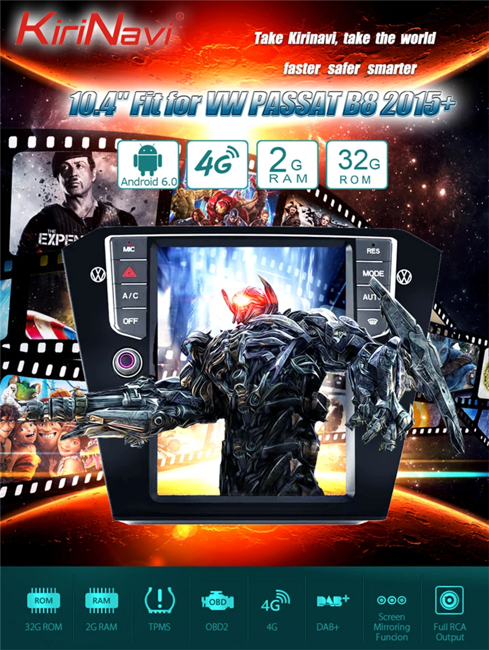 Flash Deal KiriNavi Vertical Screen Tesla Style 10.4 Inch Android 6.0 Car Dvd Player For Passat Radio GPS Navigation Multimedia 0
