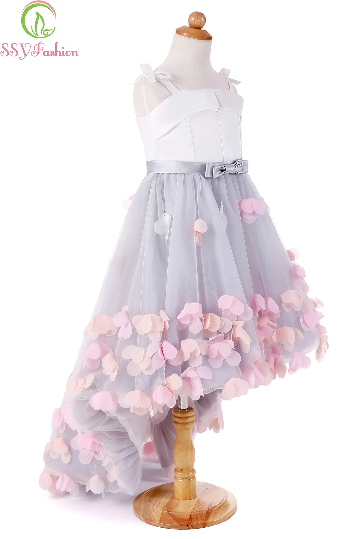 SSYFashion/новые милые Свадебные Платья с цветочным узором для девочек, короткие спереди и Длинные Сзади атласные вечерние платья с тюлевой аппликацией на бретельках Bll